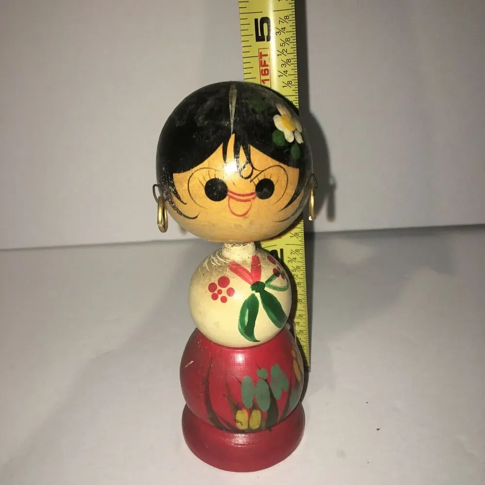 RARE Kokeshi Doll Japanese Woodden Vintage Bobble Head 4.5”